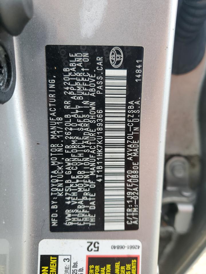 2019 Toyota Camry VIN 4T1B11HK7KU189366 Copart auction photo, water/flood damage thumbnail 13