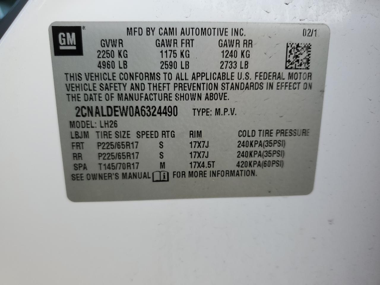 2010 Chevrolet Equinox VIN 2CNALDEW0A6324490 Copart auction photo, rear end damage thumbnail 13