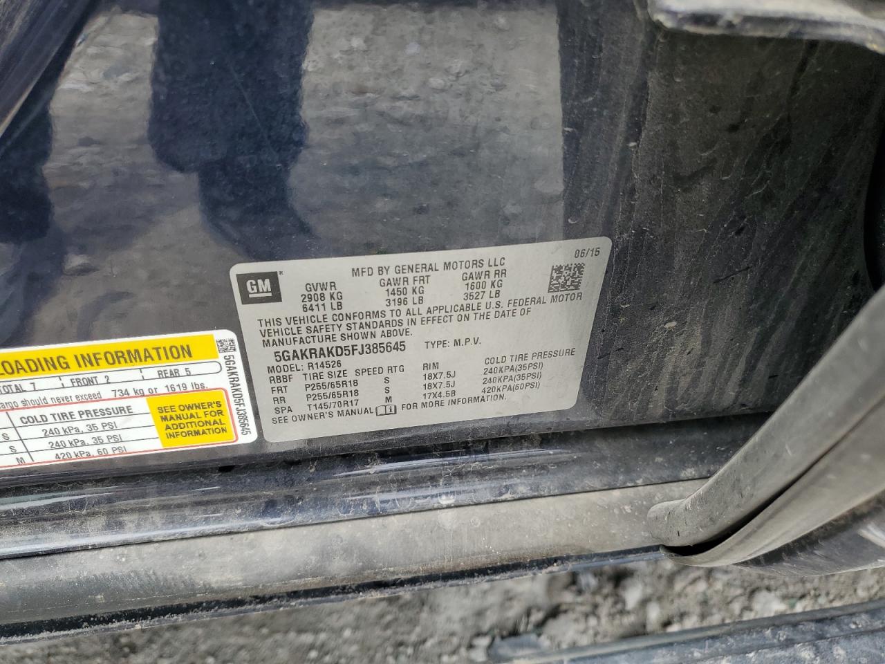 2015 Buick Enclave VIN 5GAKRAKD5FJ385645 Copart auction photo, front end damage thumbnail 13