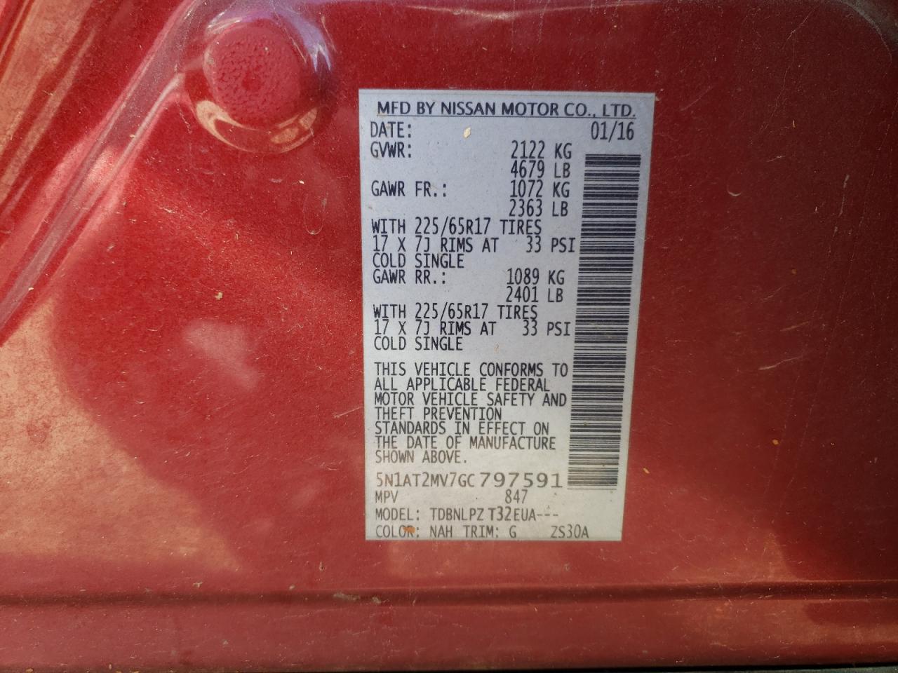 2016 Nissan Rogue VIN 5N1AT2MV7GC797591 Copart auction photo, all over / undercarriage damage thumbnail 15