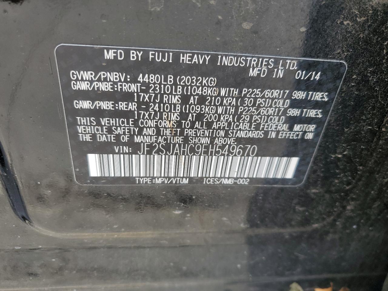 2014 Subaru Forester VIN JF2SJAHC9EH549670 Copart auction photo, front end / top/roof damage thumbnail 13