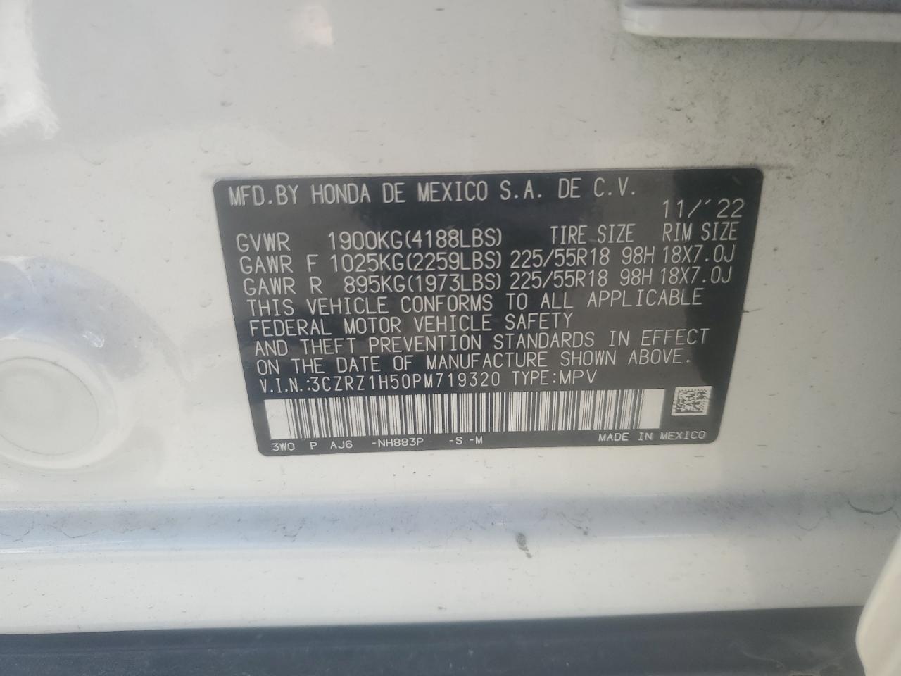 2023 Honda HR-V VIN 3CZRZ1H50PM719320 Copart auction photo, top/roof damage thumbnail 13