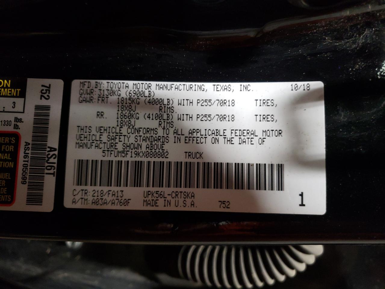 2019 Toyota Tundra VIN 5TFUM5F19KX080802 Copart auction photo, undercarriage / side damage thumbnail 14