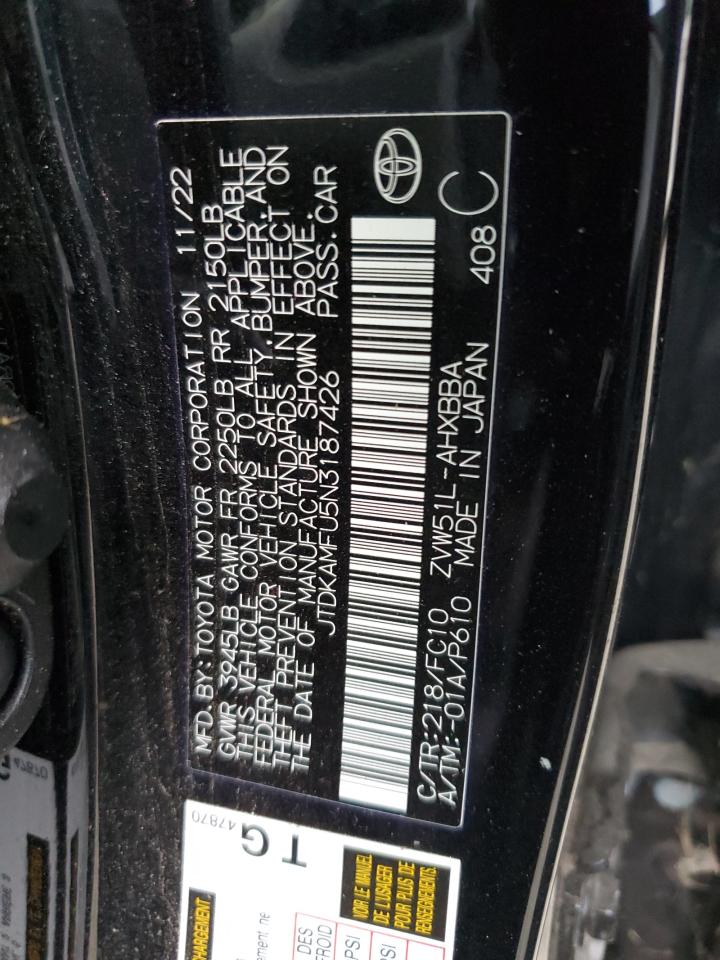 2022 Toyota Prius VIN JTDKAMFU5N3187426 Copart auction photo, front end / rear end damage thumbnail 13