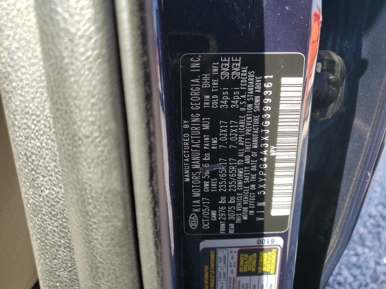 2018 KIA Sorento VIN 5XYPG4A3XJG399361 Copart auction photo, front end damage thumbnail 13