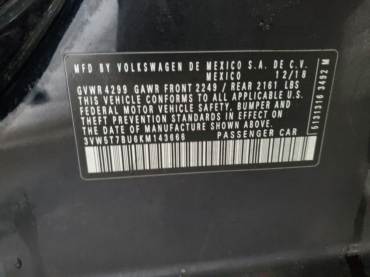 2019 Volkswagen Jetta VIN 3VW5T7BU6KM143666 Copart auction photo, all over damage thumbnail 12