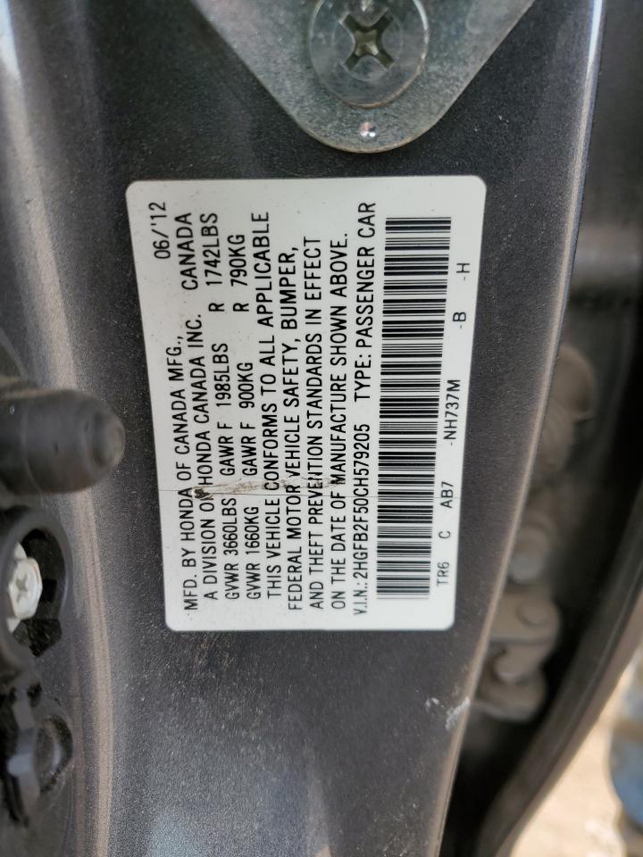 2012 Honda Civic VIN 2HGFB2F50CH579205 Copart auction photo, front end / rear end damage thumbnail 14