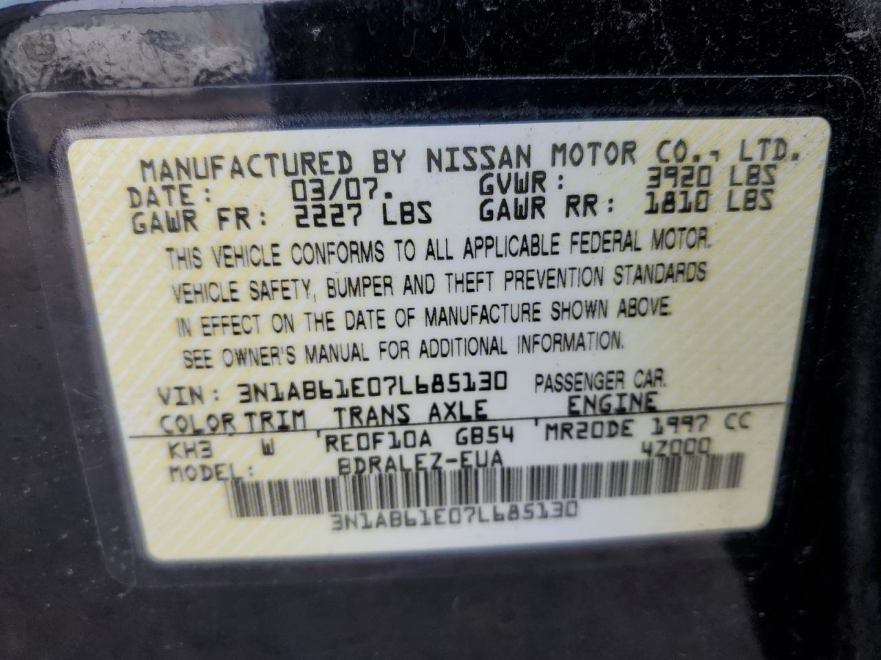 2007 Nissan Sentra VIN 3N1AB61E07L685130 Copart auction photo, front end / undercarriage damage thumbnail 12