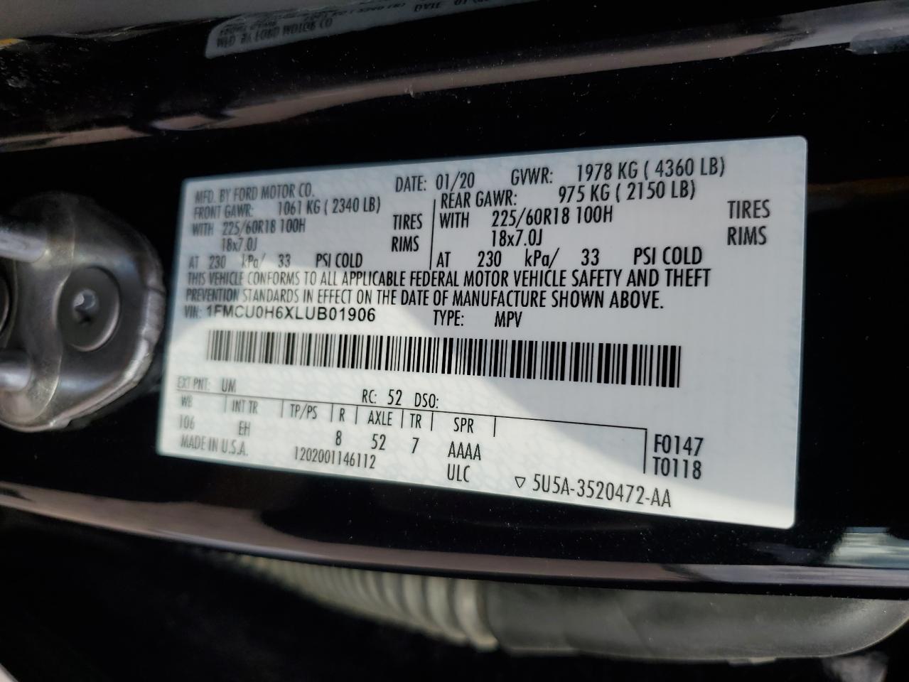 2020 Ford Escape VIN 1FMCU0H6XLUB01906 Copart auction photo, front end damage thumbnail 15