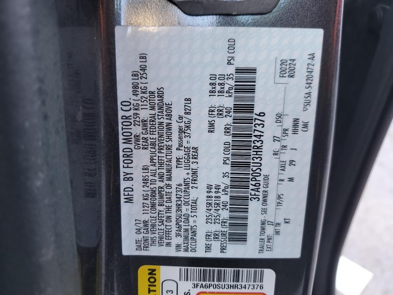 2017 Ford Fusion VIN 3FA6P0SU3HR347376 Copart auction photo, front end damage thumbnail 12