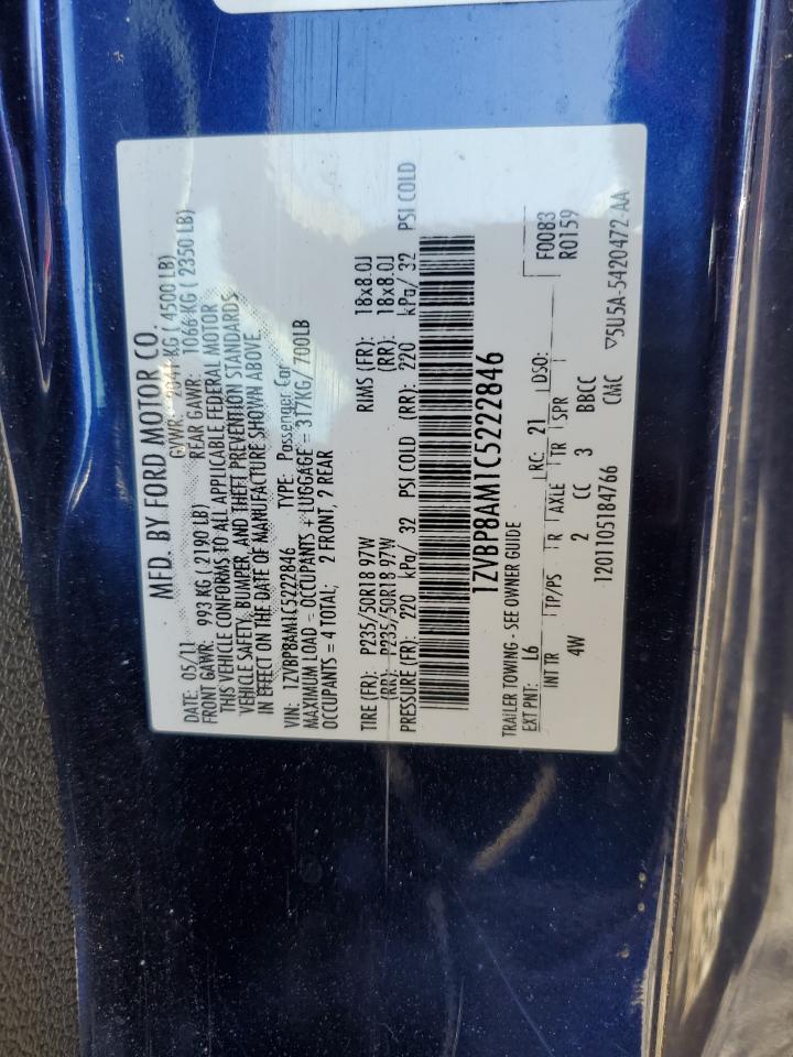 2012 Ford Mustang VIN 1ZVBP8AM1C5222846 Copart auction photo, all over damage thumbnail 12