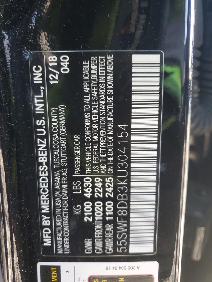 2019 Mercedes-Benz C-klasse VIN 55SWF8DB3KU304154 Copart auction photo, front end damage thumbnail 12