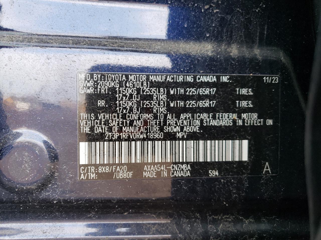 2024 Toyota RAV 4 VIN 2T3P1RFV0RW418960 Copart auction photo, rollover damage thumbnail 12