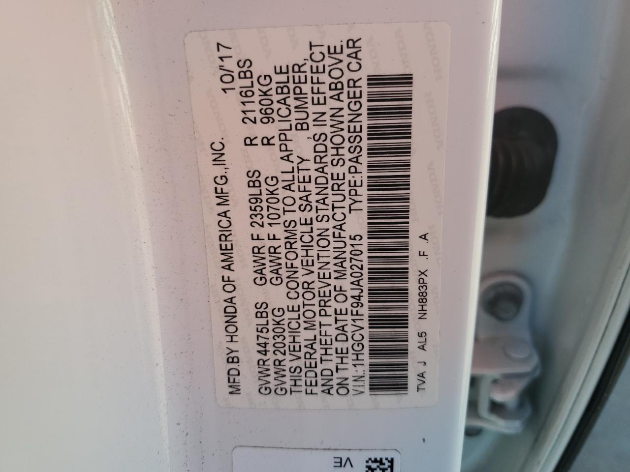 2018 Honda Accord VIN 1HGCV1F94JA027015 Copart auction photo, front end damage thumbnail 14