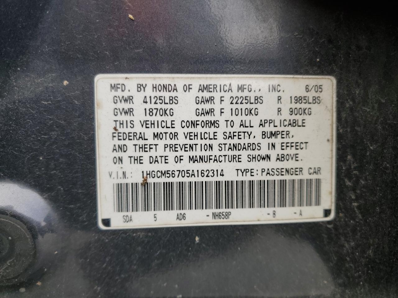 2005 Honda Accord VIN 1HGCM56705A162314 Copart auction photo, all over damage thumbnail 12
