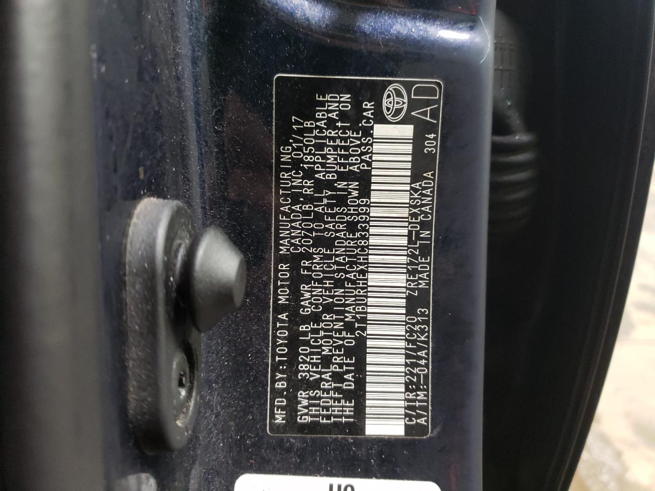 2017 Toyota Corolla VIN 2T1BURHEXHC833999 Copart auction photo, front end damage thumbnail 13