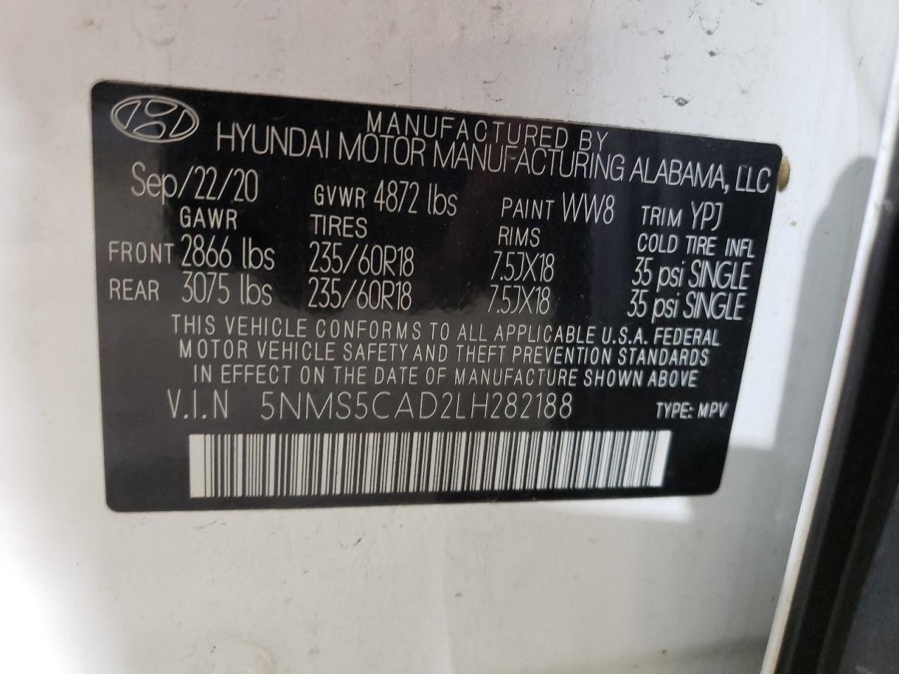 2020 Hyundai Santa Fe VIN 5NMS5CAD2LH282188 Copart auction photo, rear end / undercarriage damage thumbnail 14