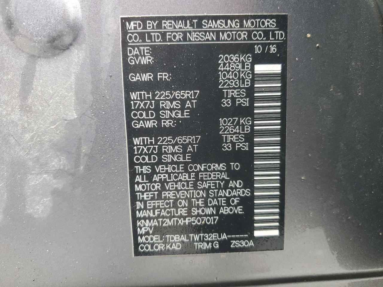 2017 Nissan Rogue VIN KNMAT2MTXHP507017 Copart auction photo, hail damage thumbnail 14