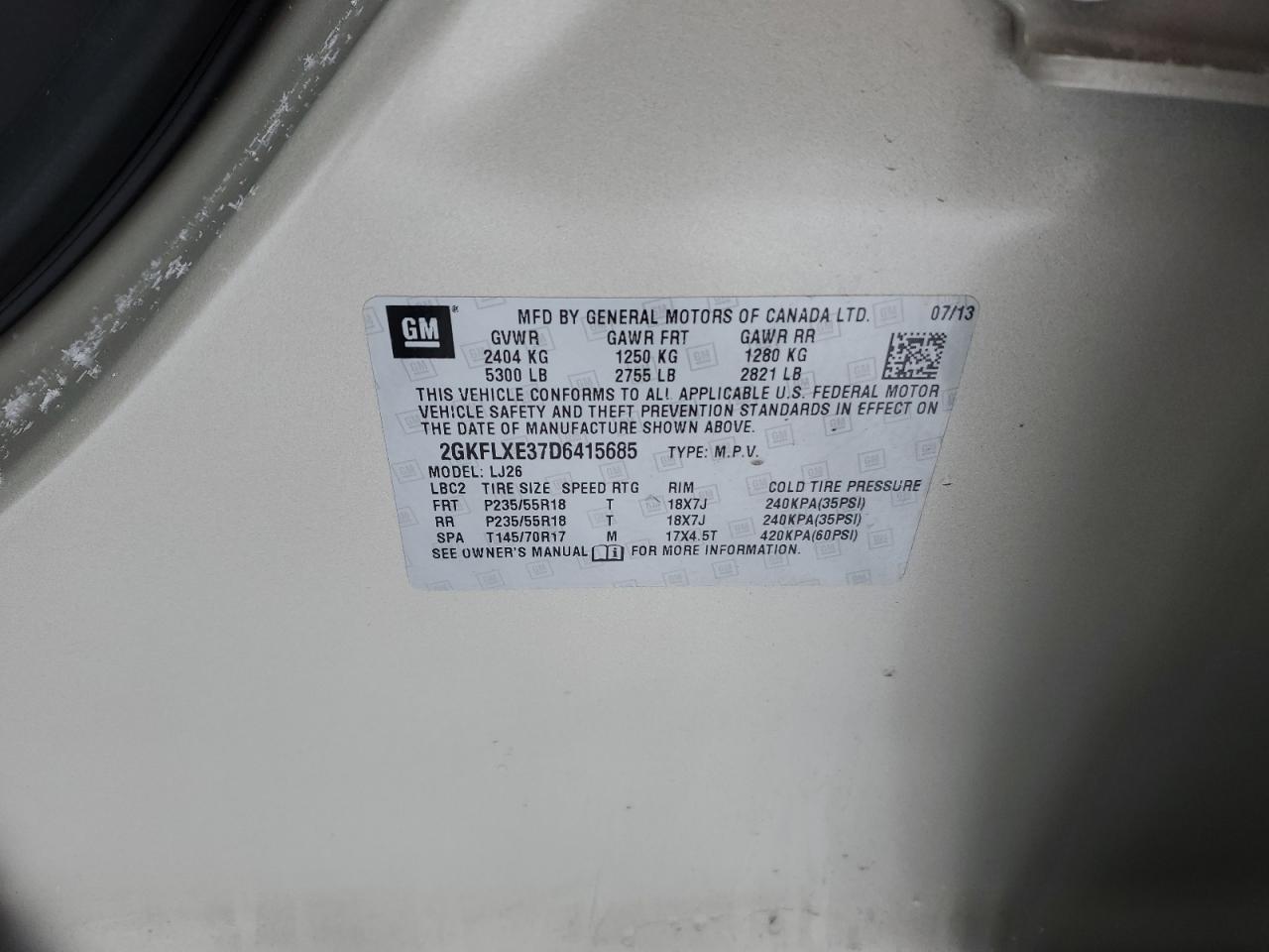 2013 GMC Terrain VIN 2GKFLXE37D6415685 Copart auction photo, front end damage thumbnail 14