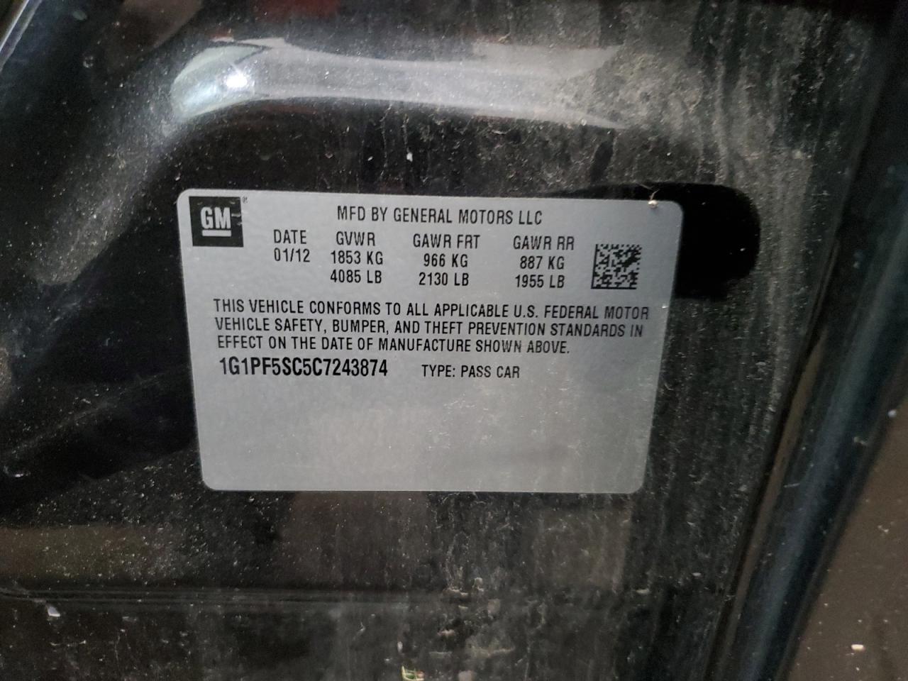 2012 Chevrolet Cruze VIN 1G1PF5SC5C7243874 Copart auction photo, mechanical damage thumbnail 12