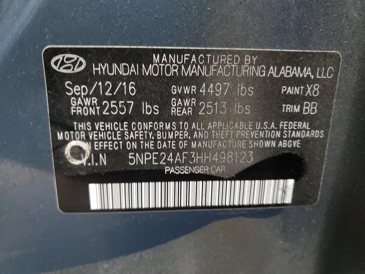 2017 Hyundai Sonata VIN 5NPE24AF3HH498123 Copart auction photo, front end / mechanical damage thumbnail 12