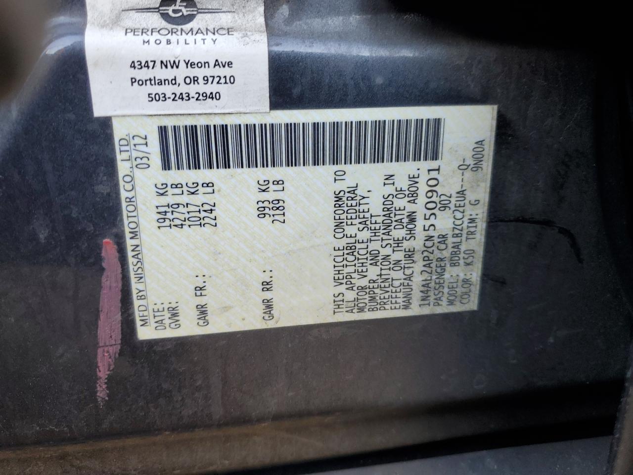 2012 Nissan Altima VIN 1N4AL2AP2CN550901 Copart auction photo, front end / side damage thumbnail 13