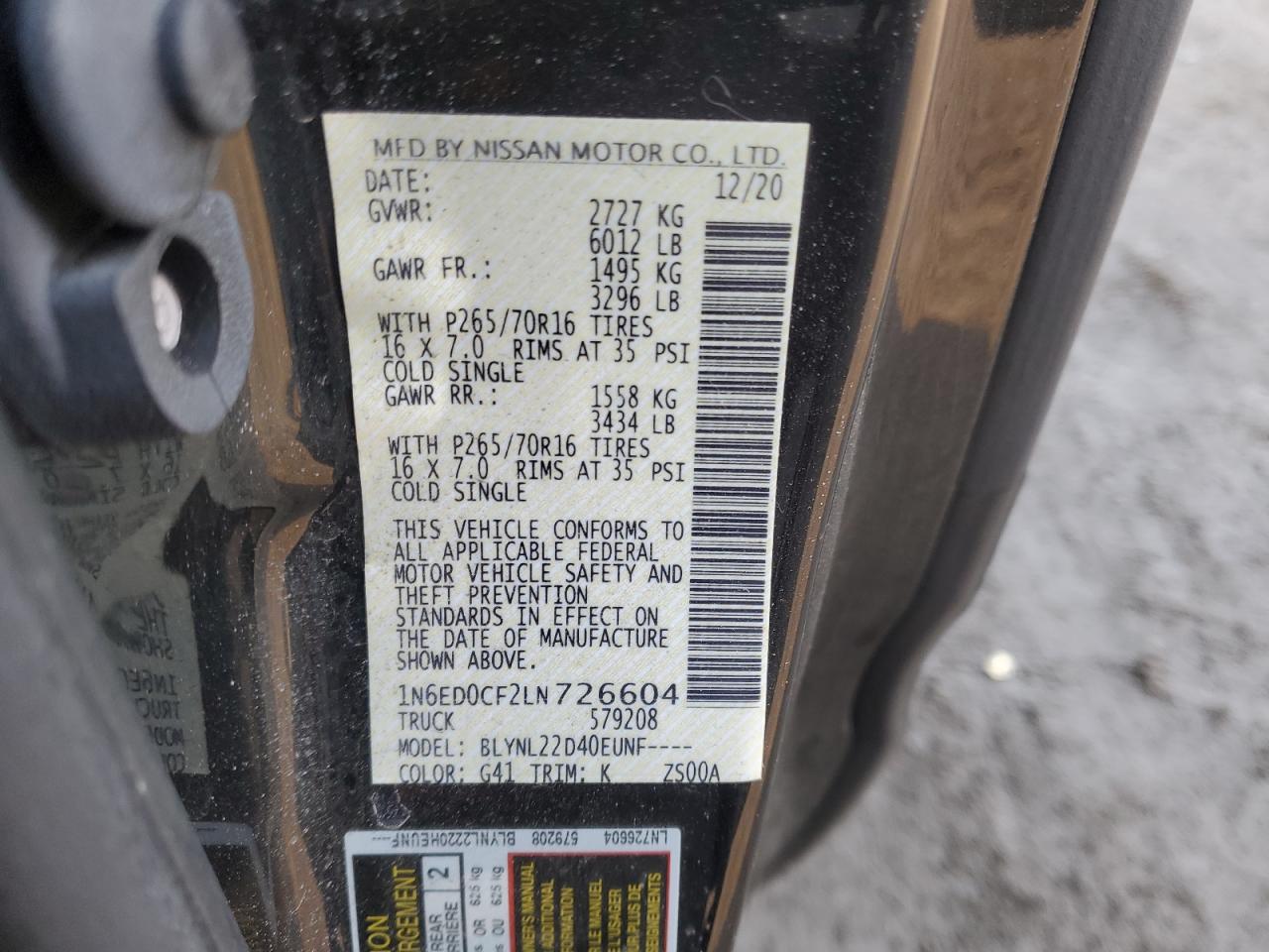 2020 Nissan Navara (Frontier) VIN 1N6ED0CF2LN726604 Copart auction photo, side damage thumbnail 12