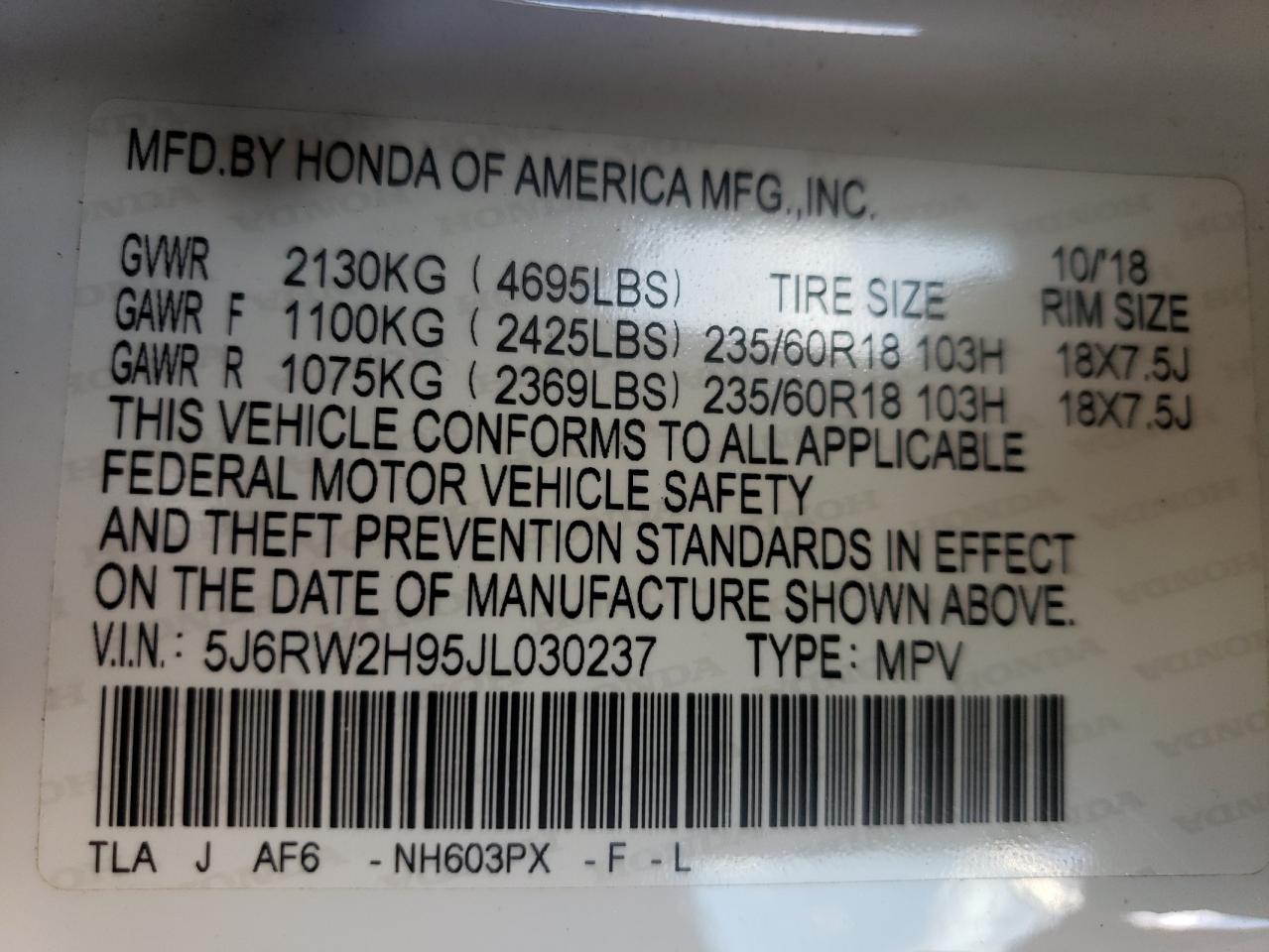 2018 Honda CR-V VIN 5J6RW2H95JL030237 Copart auction photo, rear end / front end damage thumbnail 14