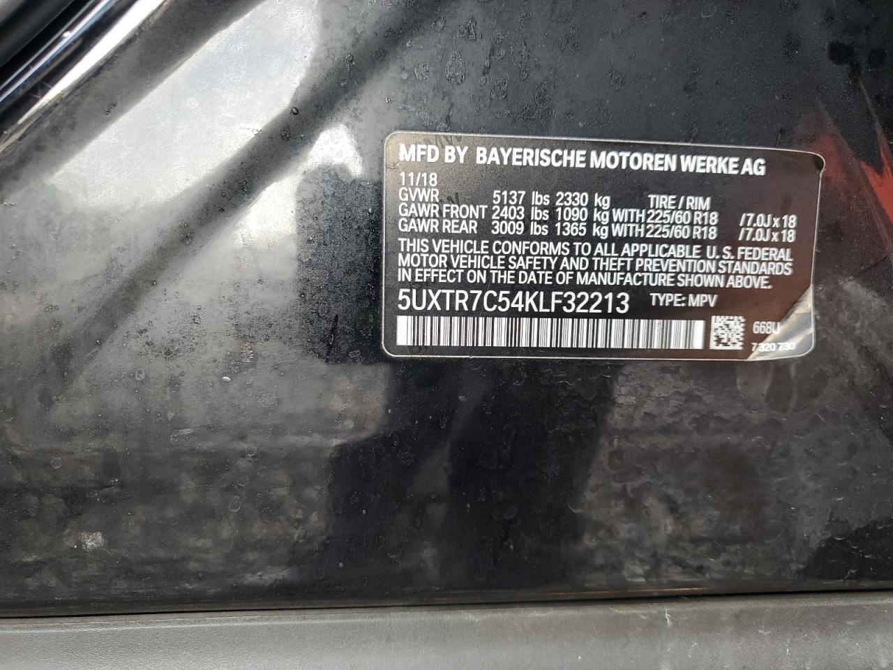 2019 BMW X3 VIN 5UXTR7C54KLF32213 Copart auction photo, side / rear end damage thumbnail 12