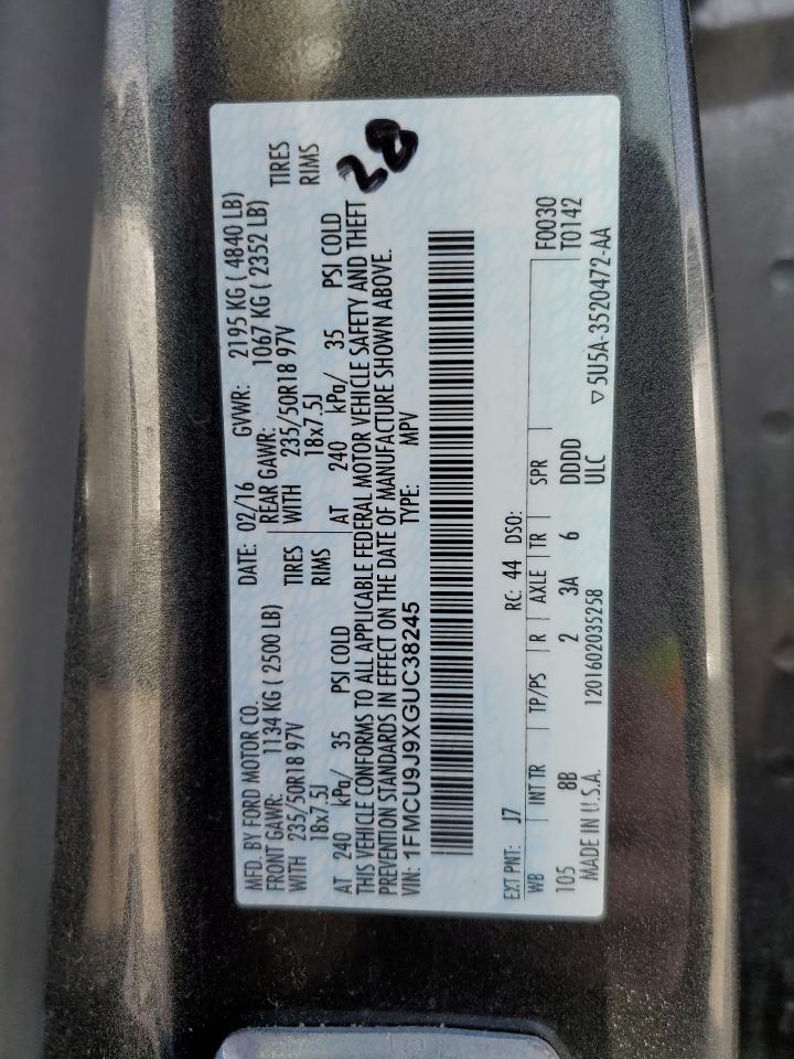 2016 Ford Escape VIN 1FMCU9J9XGUC38245 Copart auction photo, side / minor dent/scratches damage thumbnail 13