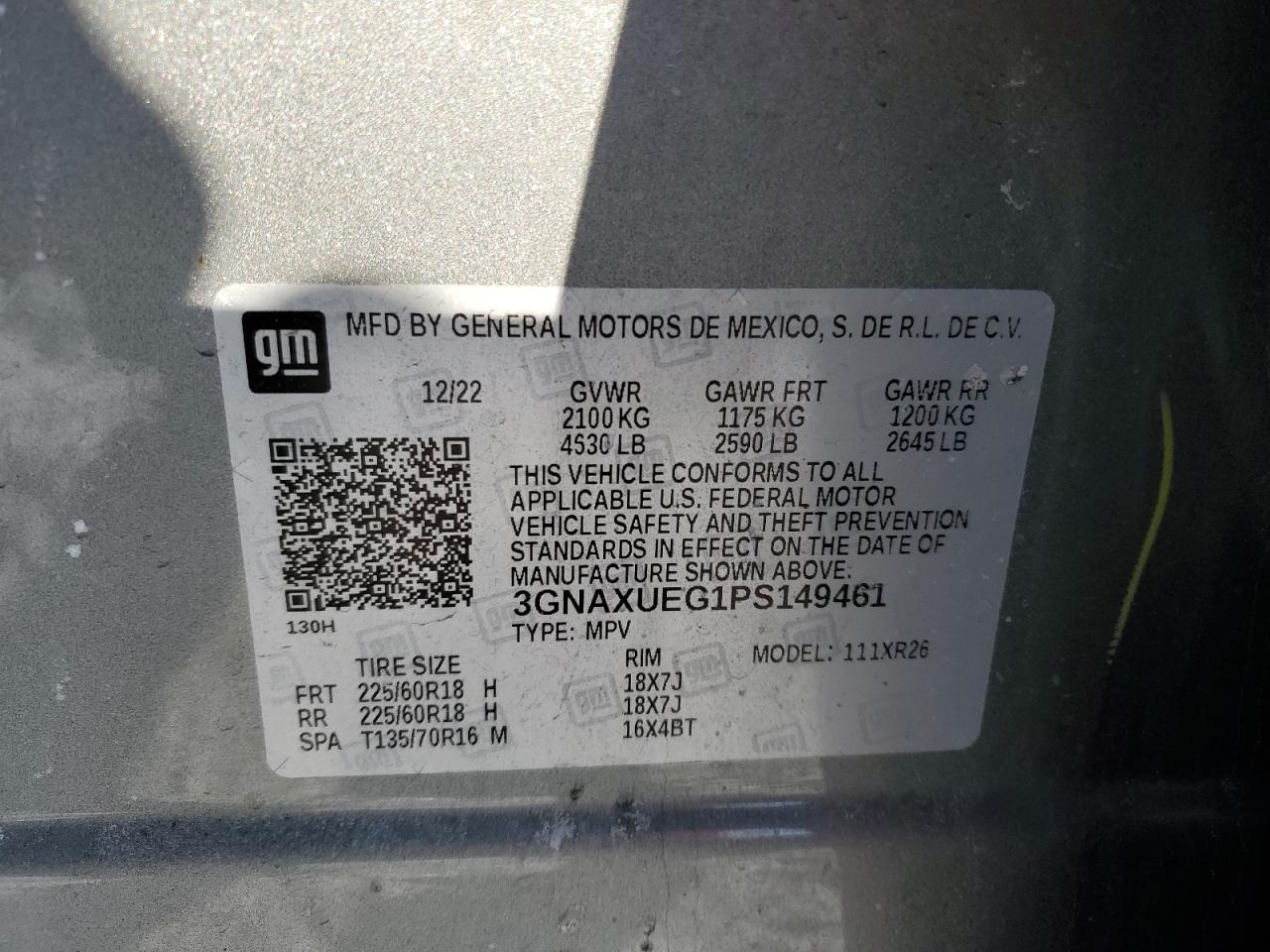 2023 Chevrolet Equinox VIN 3GNAXUEG1PS149461 Copart auction photo, front end / minor dent/scratches damage thumbnail 13