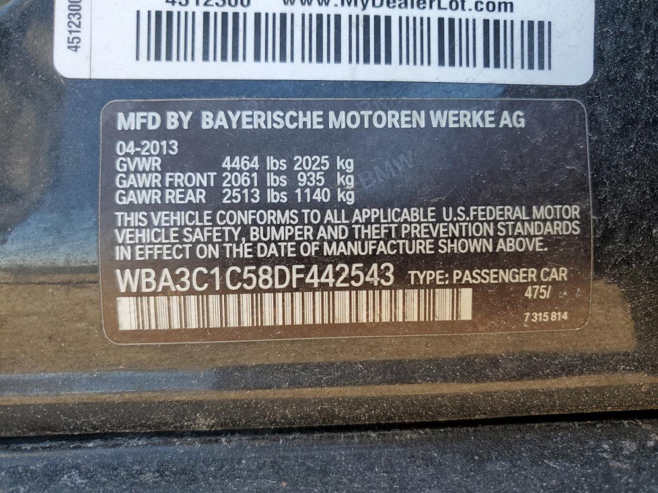 2013 BMW 3er VIN WBA3C1C58DF442543 Copart auction photo, all over damage thumbnail 14