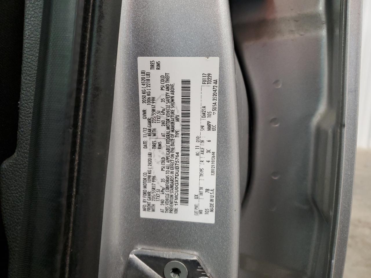2013 Ford Escape VIN 1FMCU0GX7DUB75764 Copart auction photo, front end / side damage thumbnail 14
