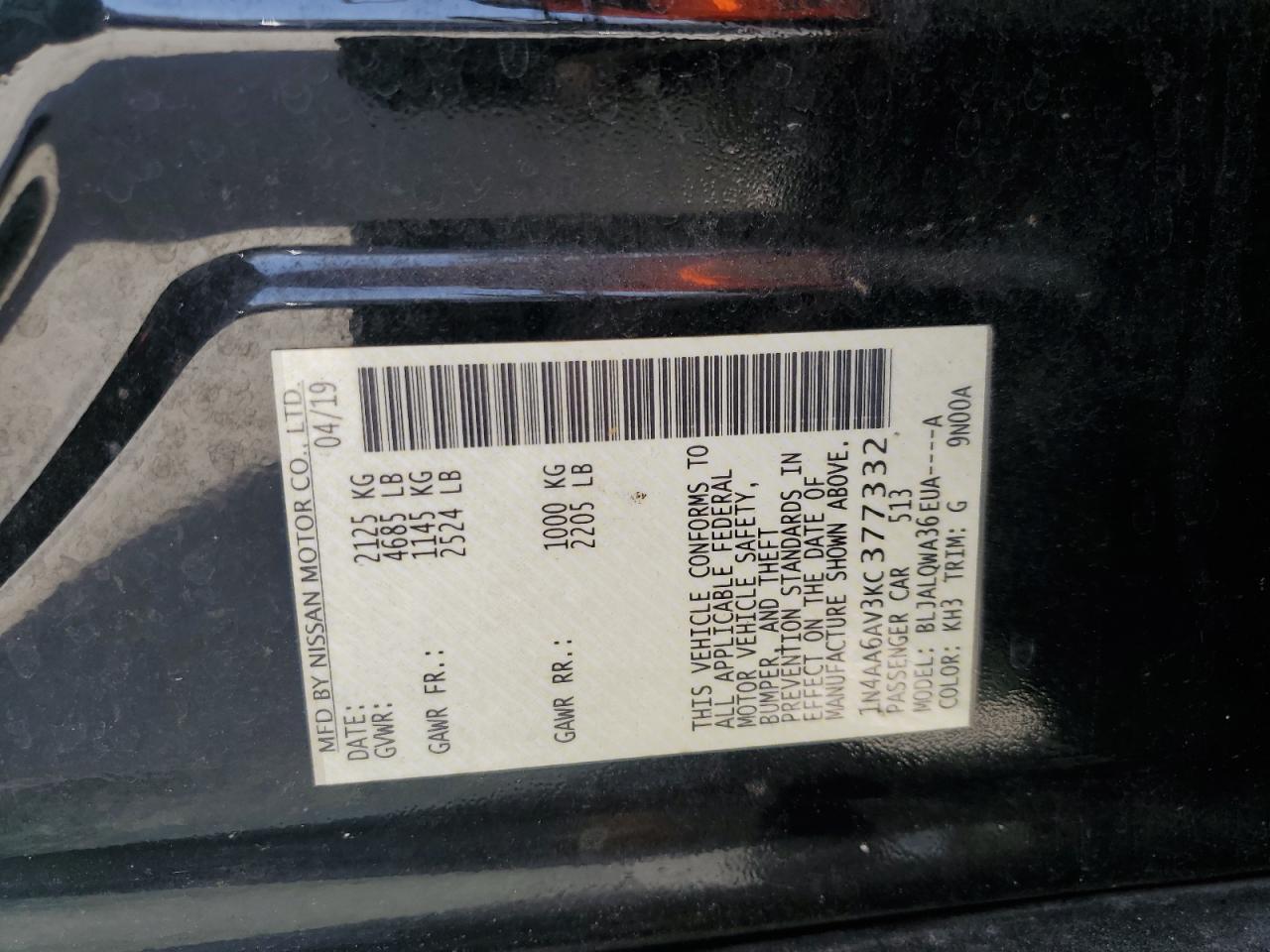 2019 Nissan Maxima VIN 1N4AA6AV3KC377332 Copart auction photo, front end damage thumbnail 14