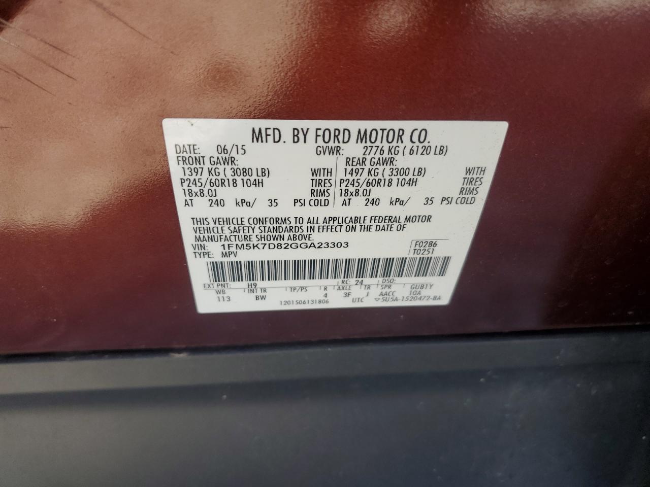 2016 Ford Explorer VIN 1FM5K7D82GGA23303 Copart auction photo, front end damage thumbnail 14