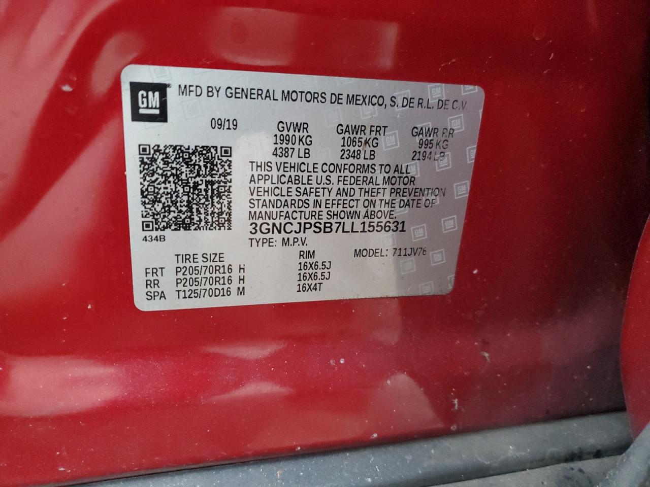 2020 Chevrolet Trax VIN 3GNCJPSB7LL155631 Copart auction photo, side damage thumbnail 14