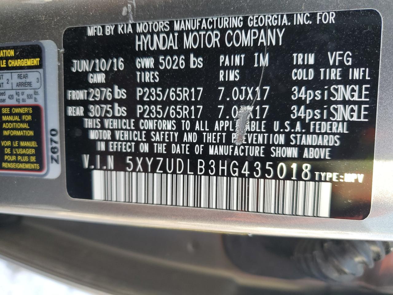 2017 Hyundai Santa Fe VIN 5XYZUDLB3HG435018 Copart auction photo, front end / side damage thumbnail 13