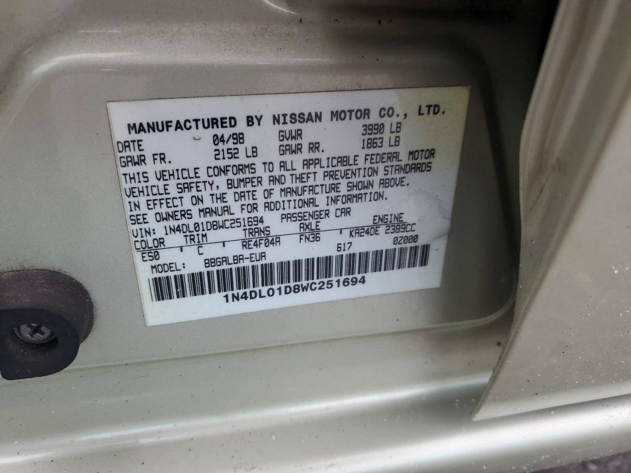 1998 Nissan Altima VIN 1N4DL01D8WC251694 Copart auction photo, front end / minor dent/scratches damage thumbnail 14