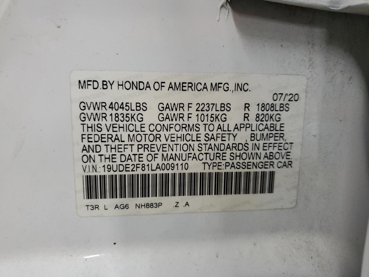 2020 Acura ILX VIN 19UDE2F81LA009110 Copart auction photo, side damage thumbnail 14
