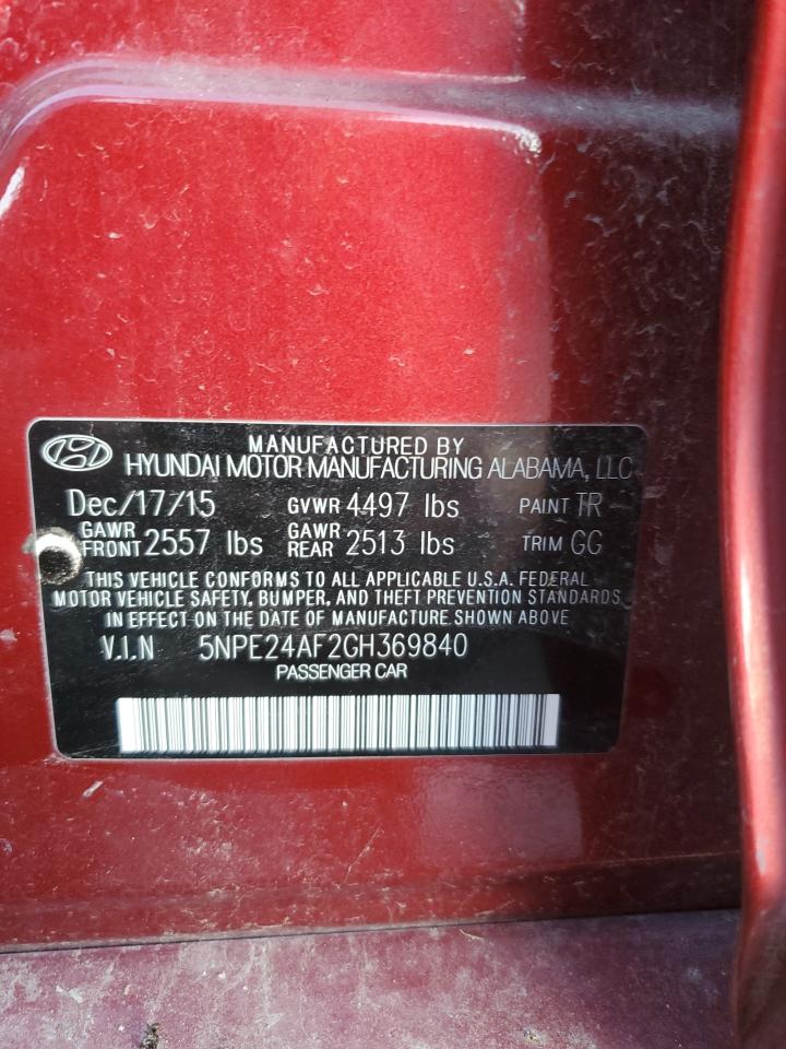 2016 Hyundai Sonata VIN 5NPE24AF2GH369840 Copart auction photo, minor dent/scratches / hail damage thumbnail 12