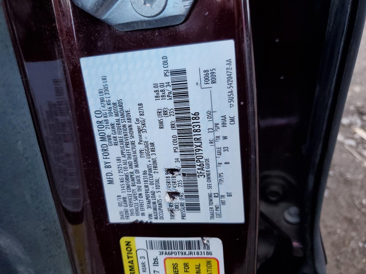 2018 Ford Fusion VIN 3FA6P0T9XJR183186 Copart auction photo, front end / minor dent/scratches damage thumbnail 12