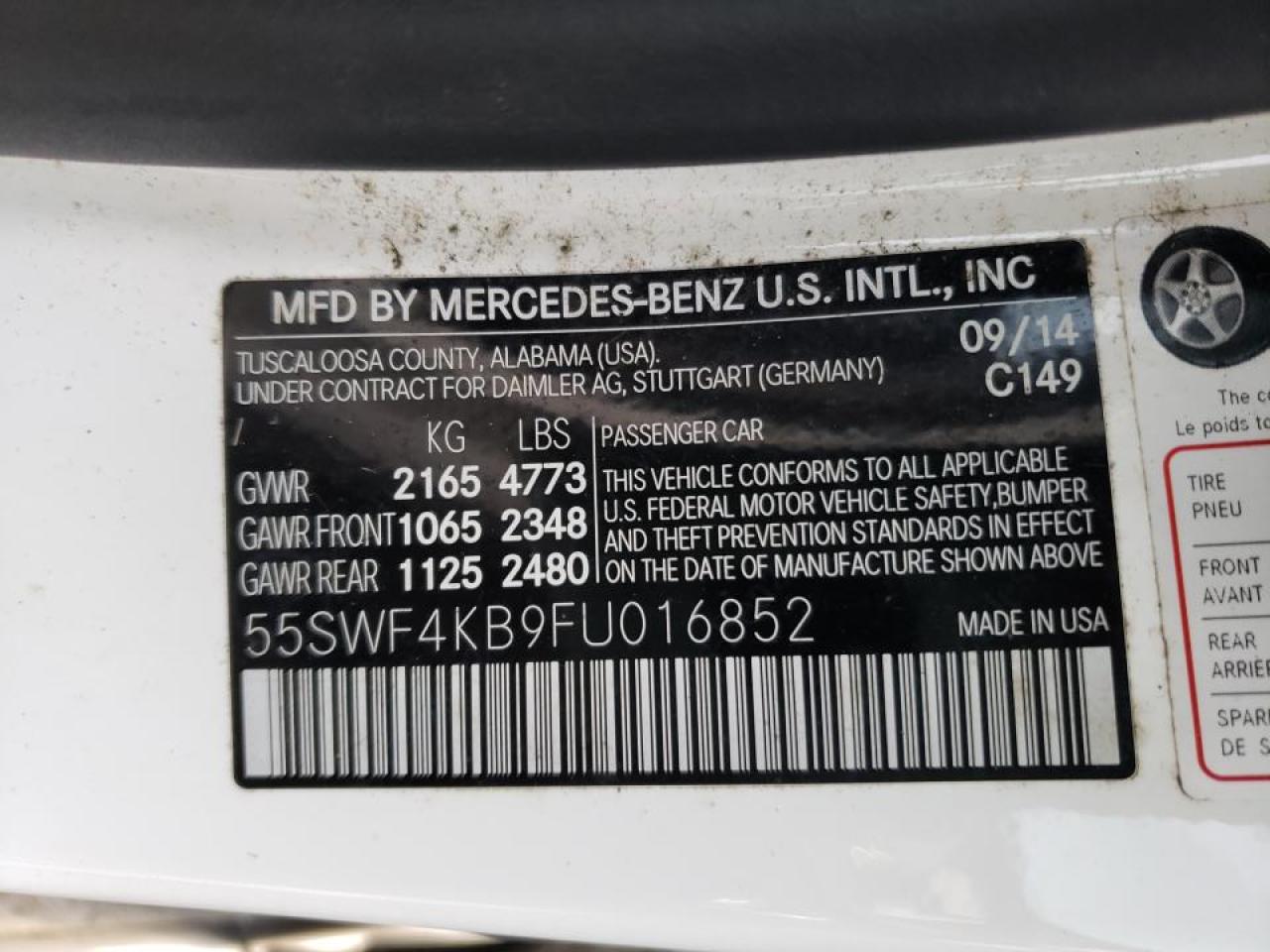 2015 Mercedes-Benz C-klasse VIN 55SWF4KB9FU016852 Copart auction photo, front end / side damage thumbnail 10