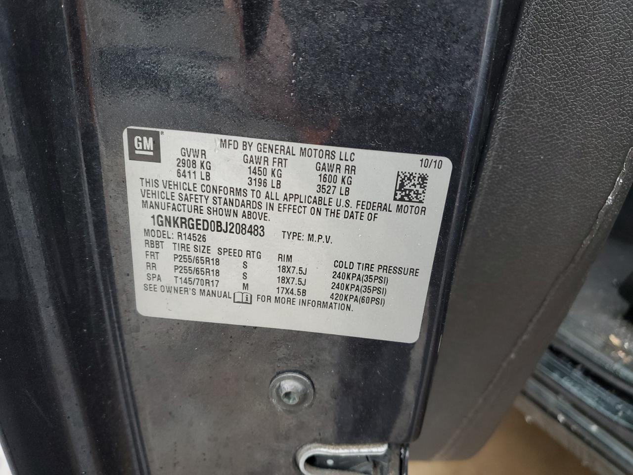 2011 Chevrolet Traverse VIN 1GNKRGED0BJ208483 Copart auction photo, side / rear end damage thumbnail 13