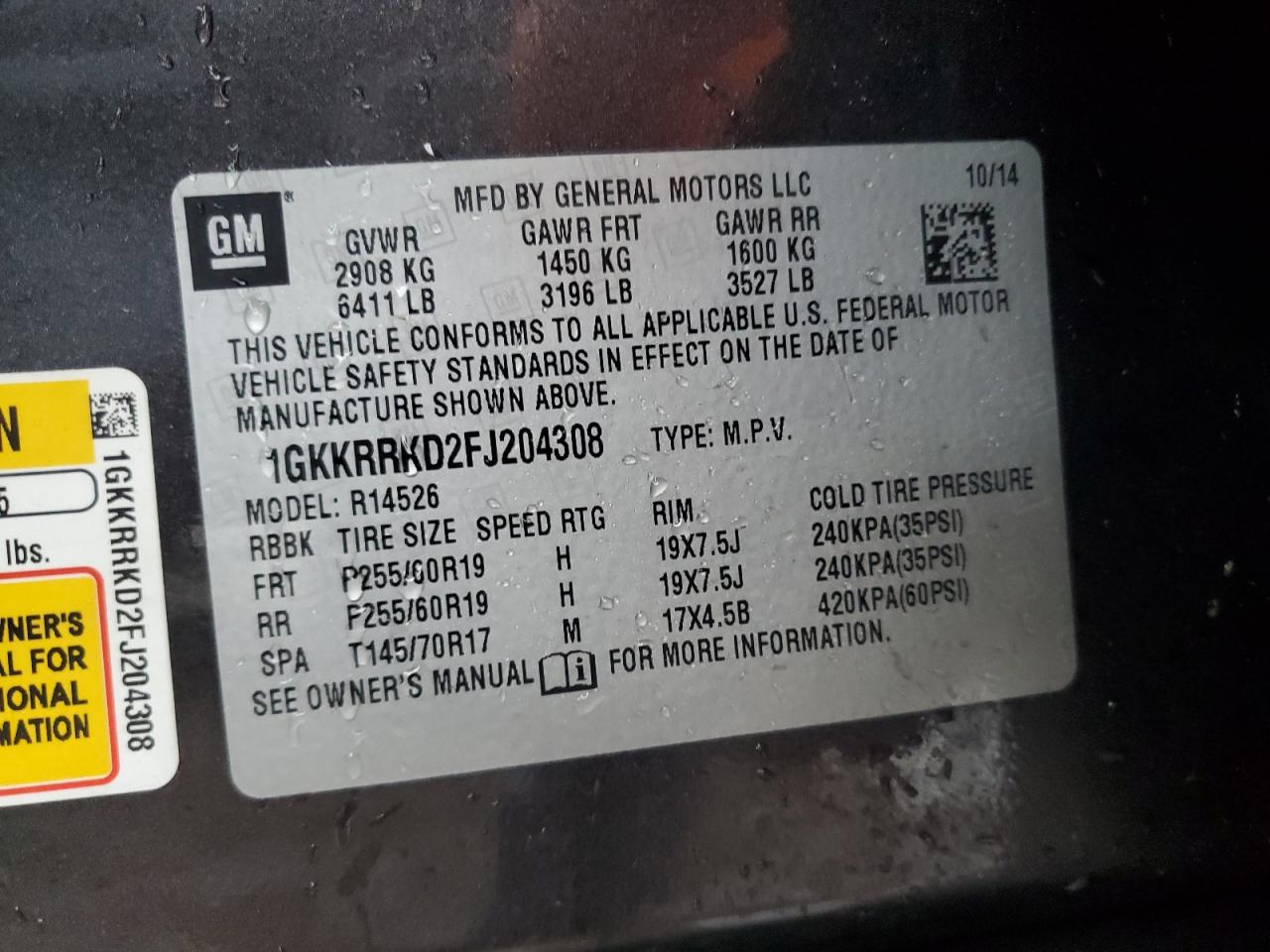 2015 GMC Acadia VIN 1GKKRRKD2FJ204308 Copart auction photo, side damage thumbnail 15