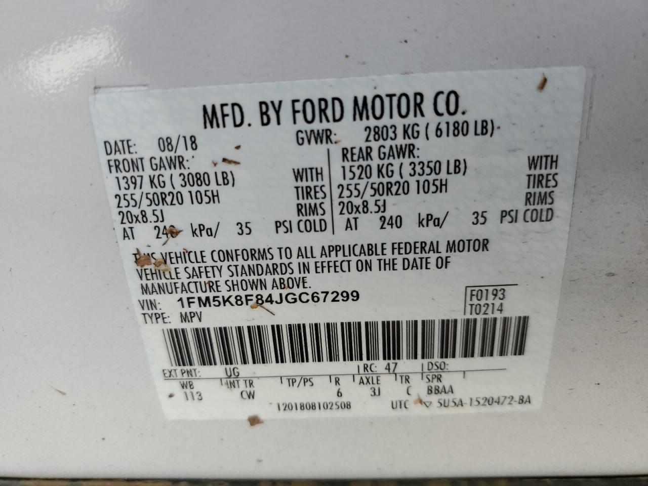 2018 Ford Explorer VIN 1FM5K8F84JGC67299 Copart auction photo, water/flood damage thumbnail 14