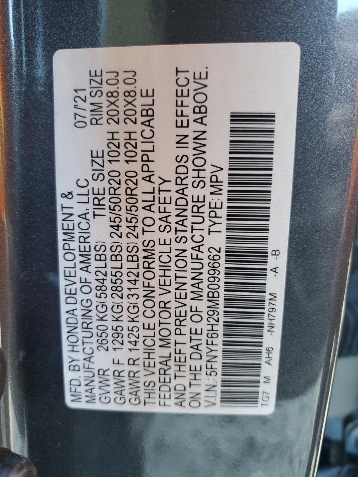 2021 Honda Pilot VIN 5FNYF6H29MB099662 Copart auction photo, side / front end damage thumbnail 16