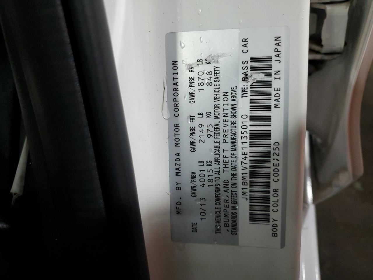 2014 Mazda 3 VIN JM1BM1V74E1135010 Copart auction photo, top/roof damage thumbnail 13