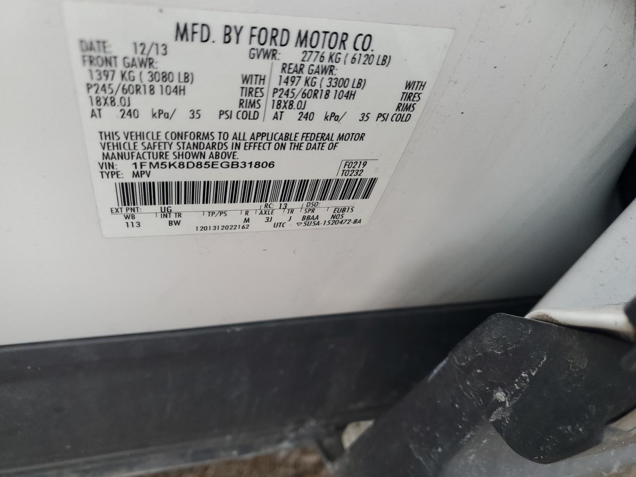 2014 Ford Explorer VIN 1FM5K8D85EGB31806 Copart auction photo, frame damage damage thumbnail 13