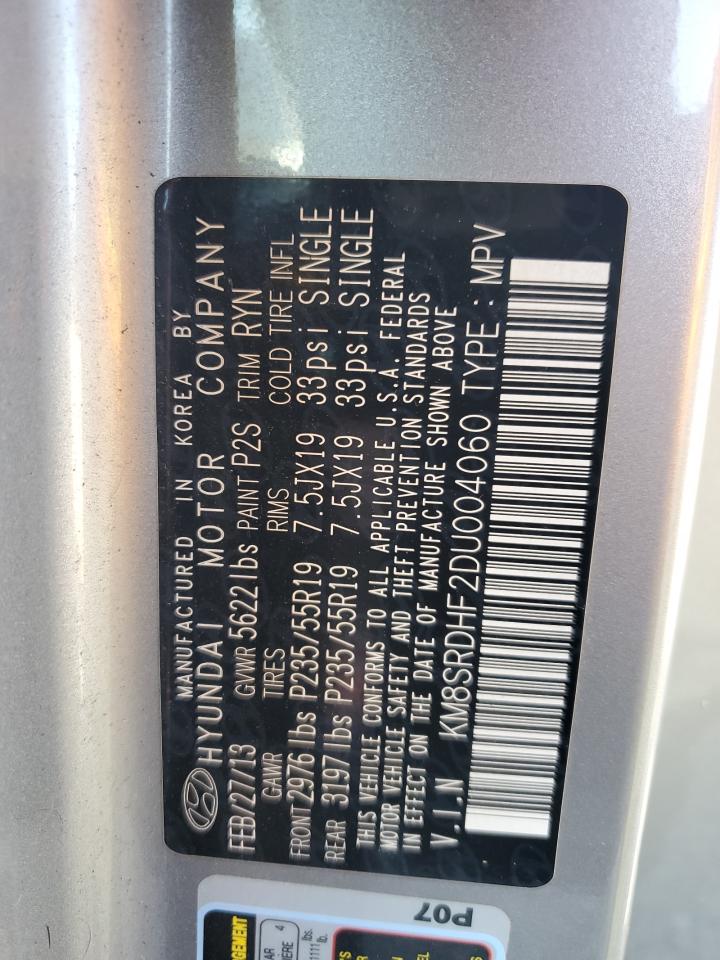2013 Hyundai Santa Fe VIN KM8SRDHF2DU004060 Copart auction photo, mechanical damage thumbnail 14