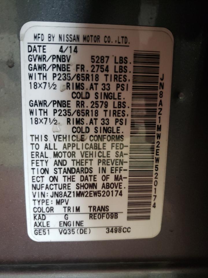 2014 Nissan Murano VIN JN8AZ1MW2EW520174 Copart auction photo, rear end damage thumbnail 15
